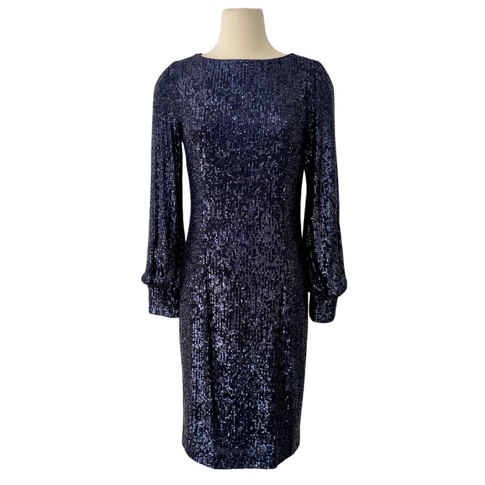 Teri Jon by Rickie Freeman Blouson-Sleeve Sequin Sheath Dress Navy Blue 8